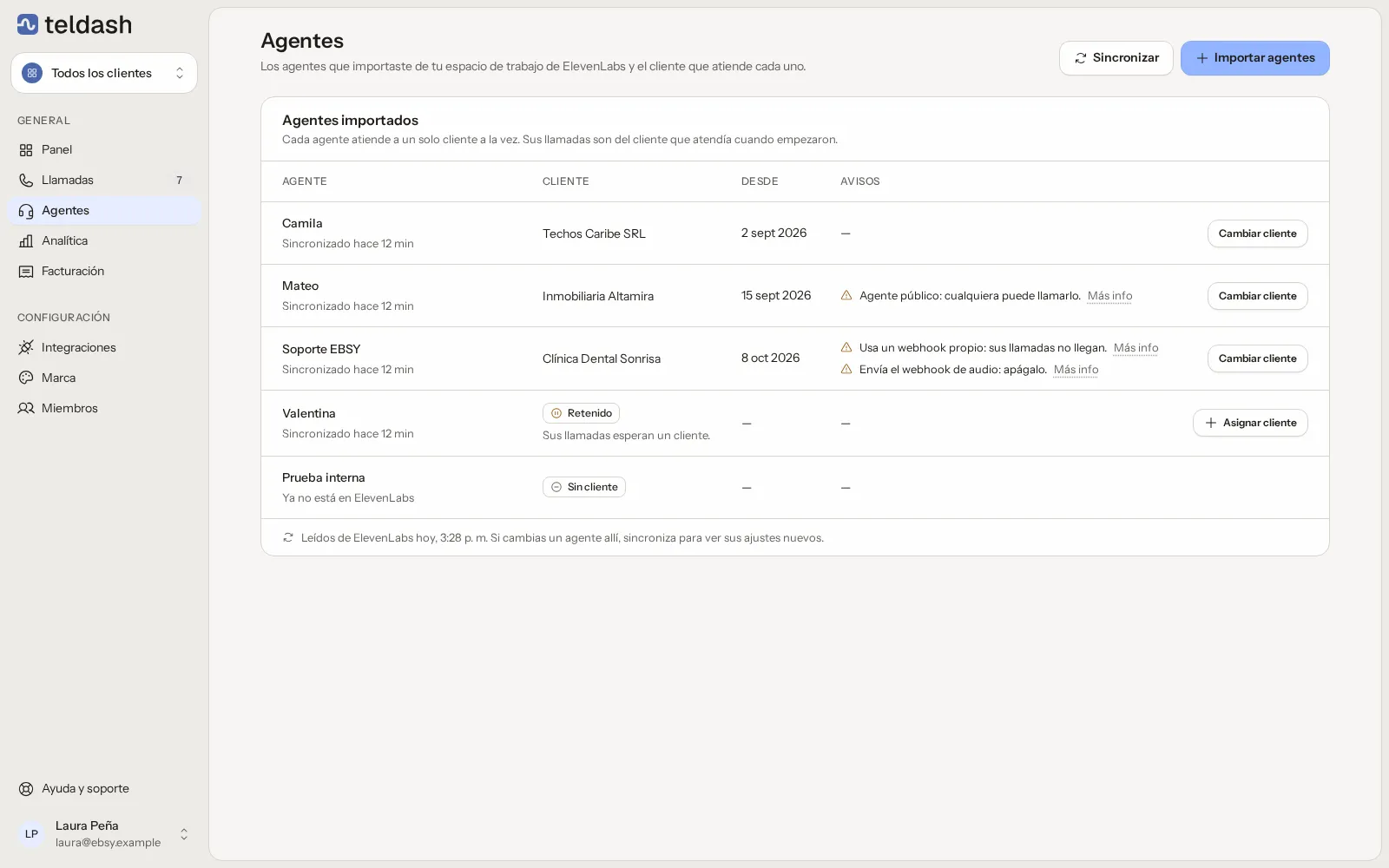 The Teldash agents page with imported voice agents