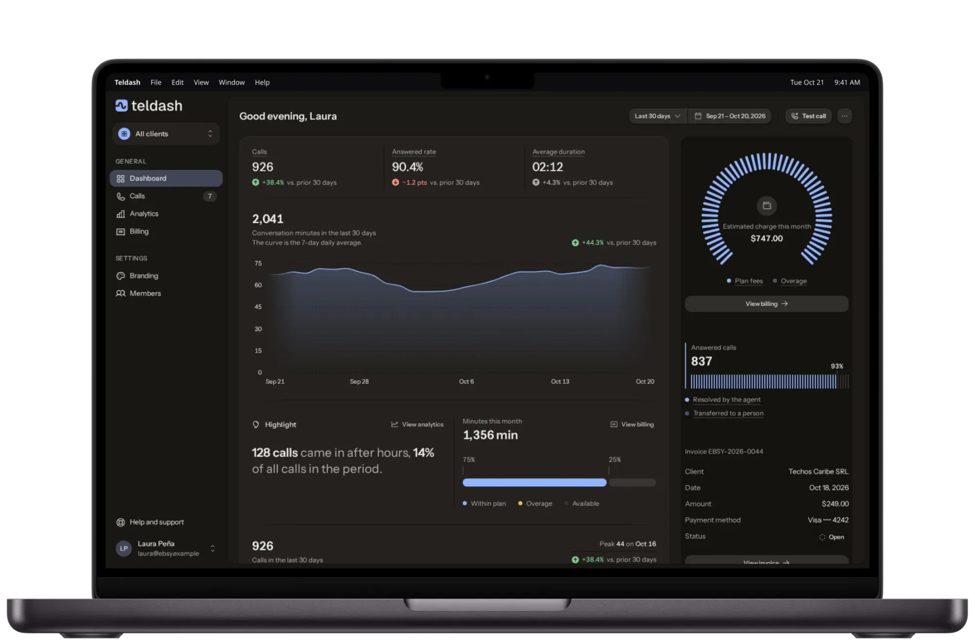 Teldash dashboard in dark mode on a MacBook Pro